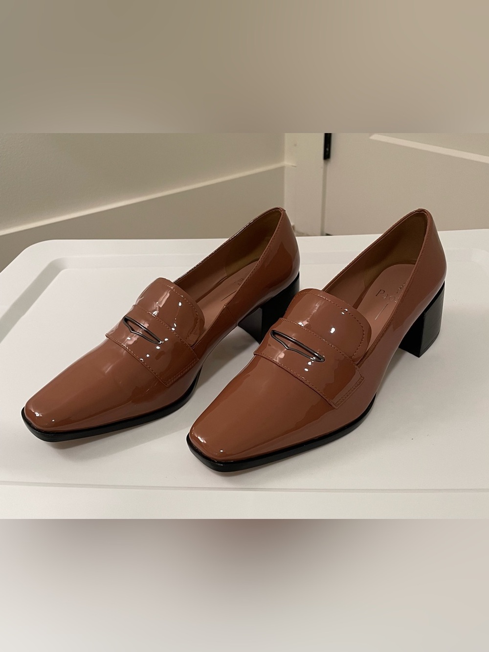 Patent Leather Block Heel Loafers in Cognac Brown
